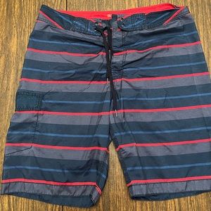 Red and Blue Striped Swim Trunks